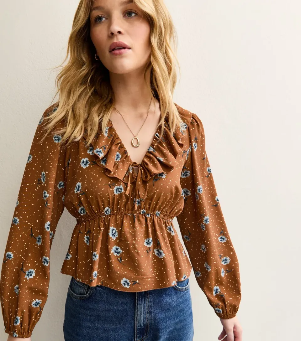 Women's Brown Floral Frill Neck Blouse