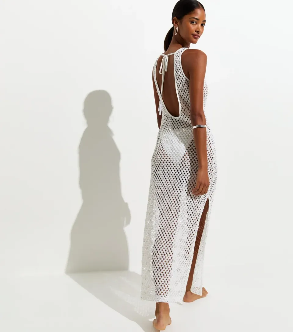 Women's White Three Dimensional Open Knit Sequin Beach Maxi Dress