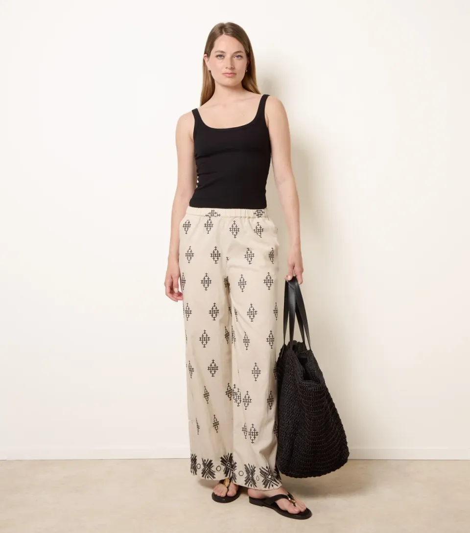 Women's Stone Cotton Linen Embroidered Trousers