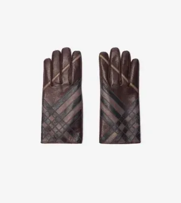 Check Intarsia Leather Gloves in Truffle brown