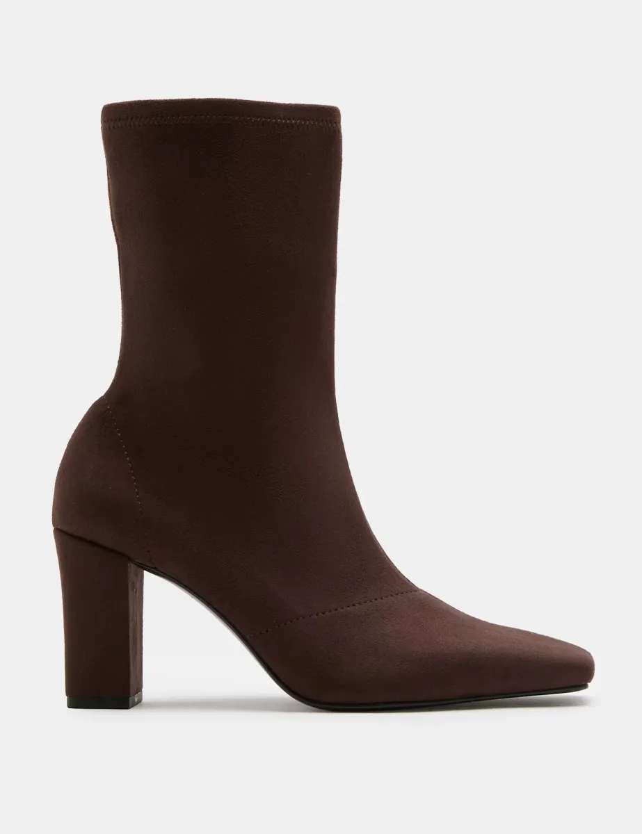 Square Toe Block Heel Sock Boot Brown