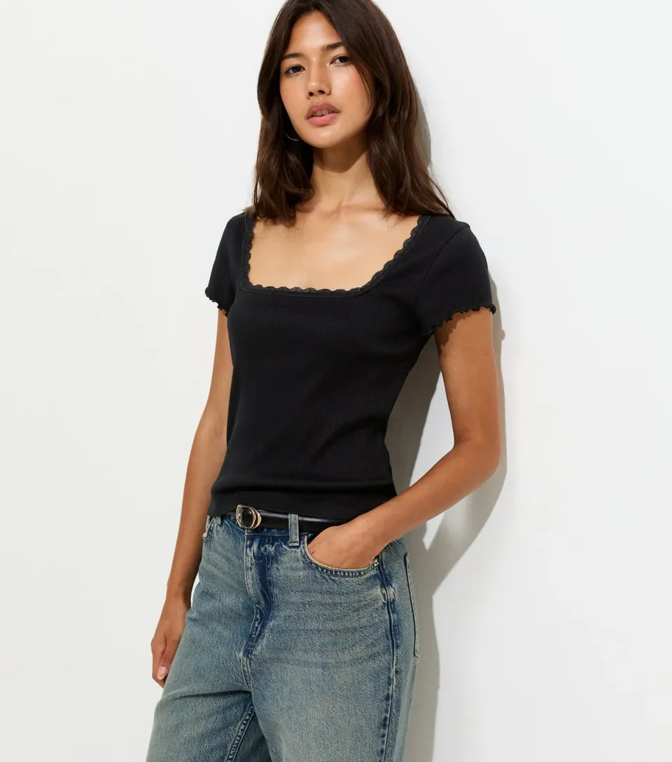 Women's Black Cotton Rich Short Sleeve Lace Trim Square Neck Top