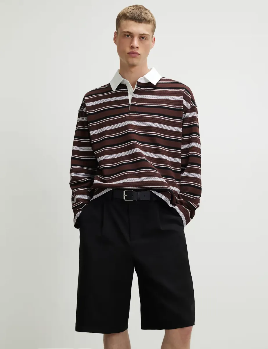 Oversized Pure Cotton Striped Long Sleeve Polo Shirt Brown Mix