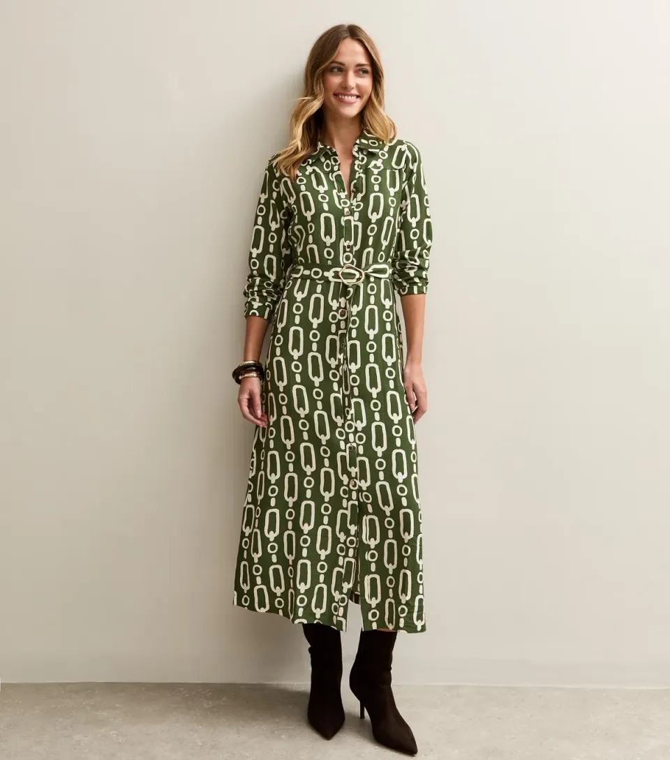 Women's Green Graphic Print Midi Shirt Dress