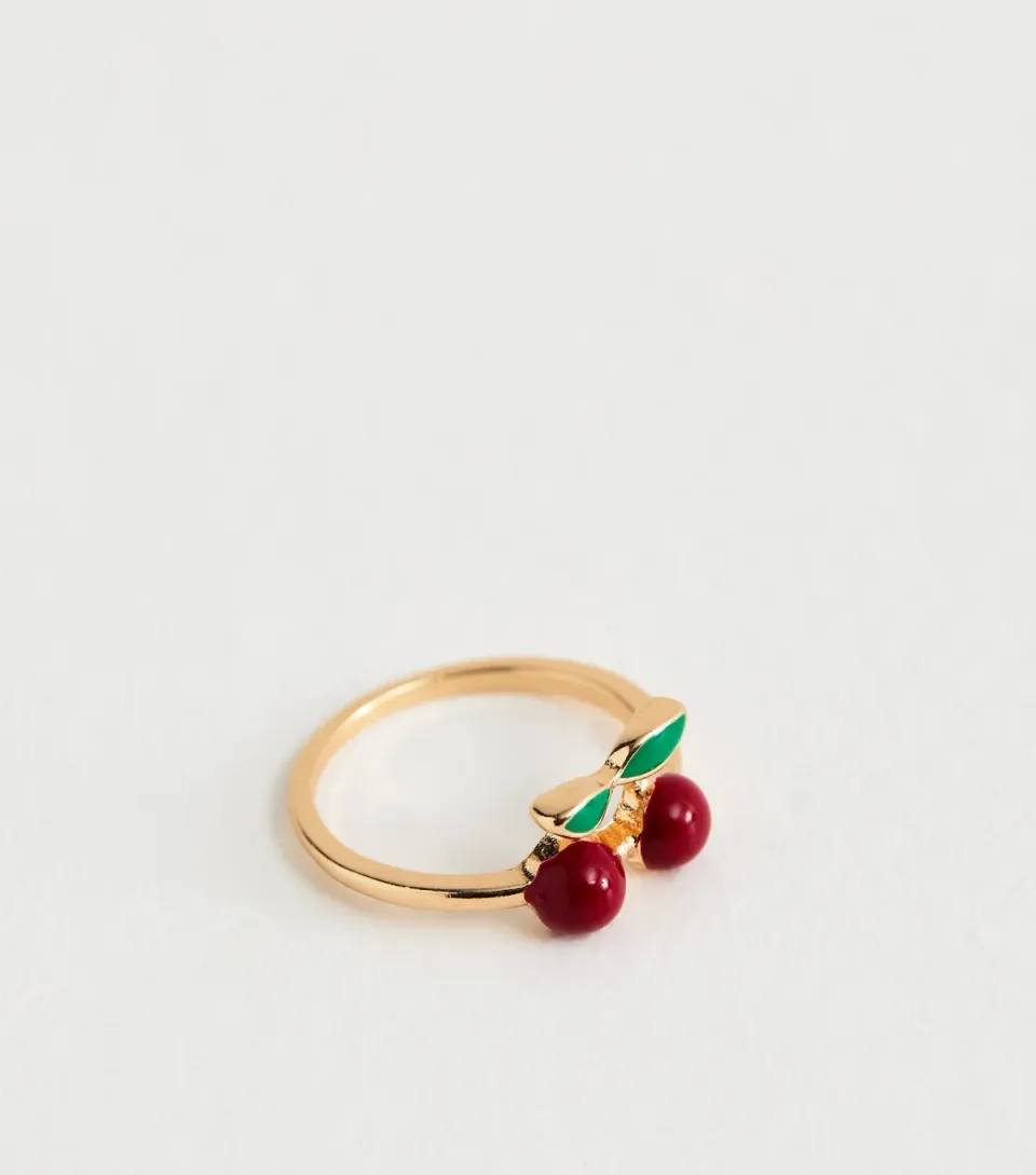 Gold Tone Red Cherry Ring
