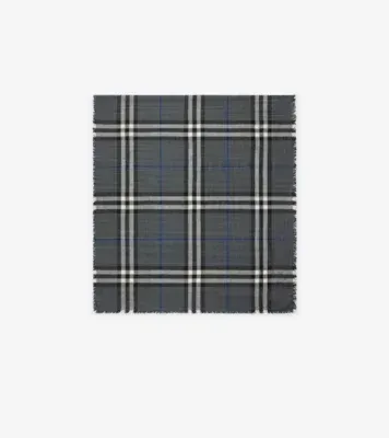 Reversible Check Wool Silk Scarf in Marlborough grey/mast blue