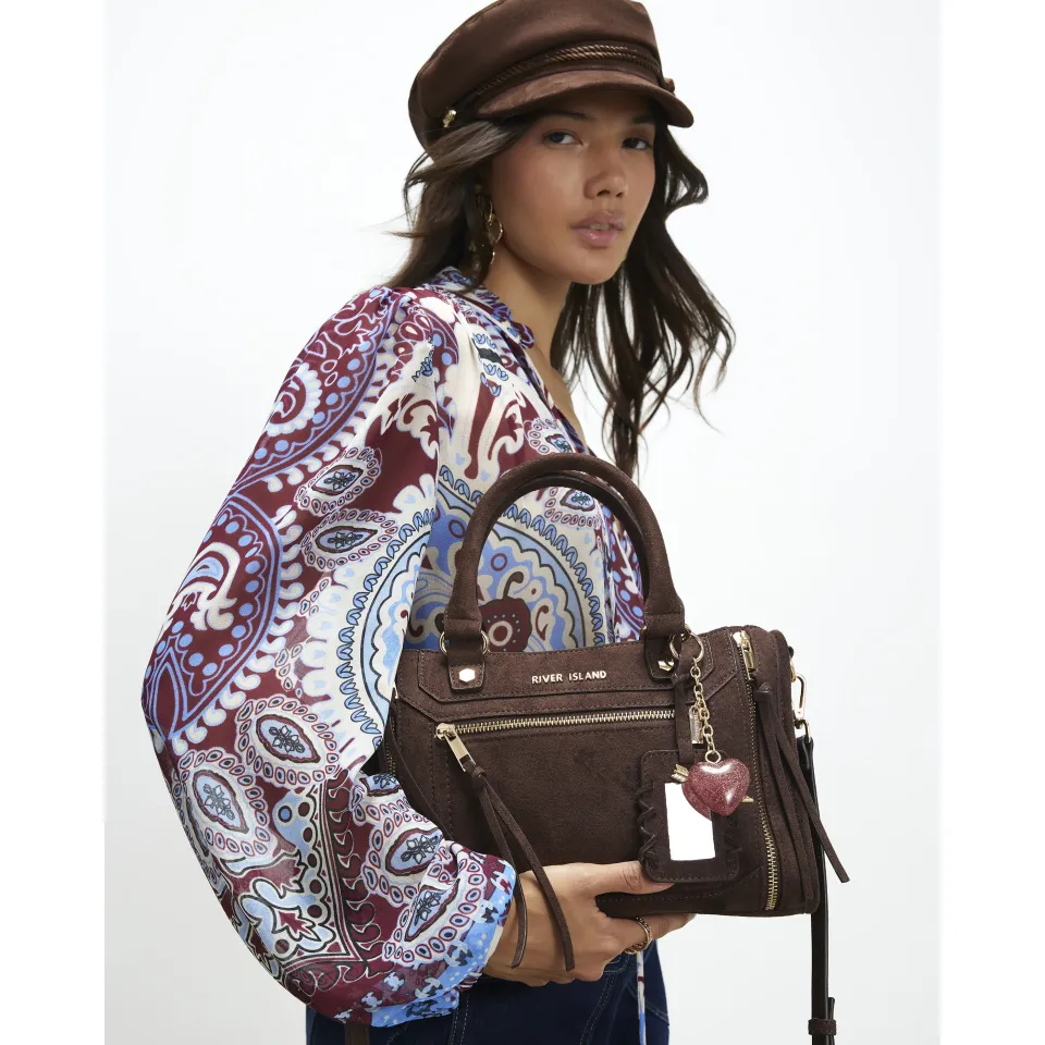 Faux Suede Zip Panel Tote Bag
