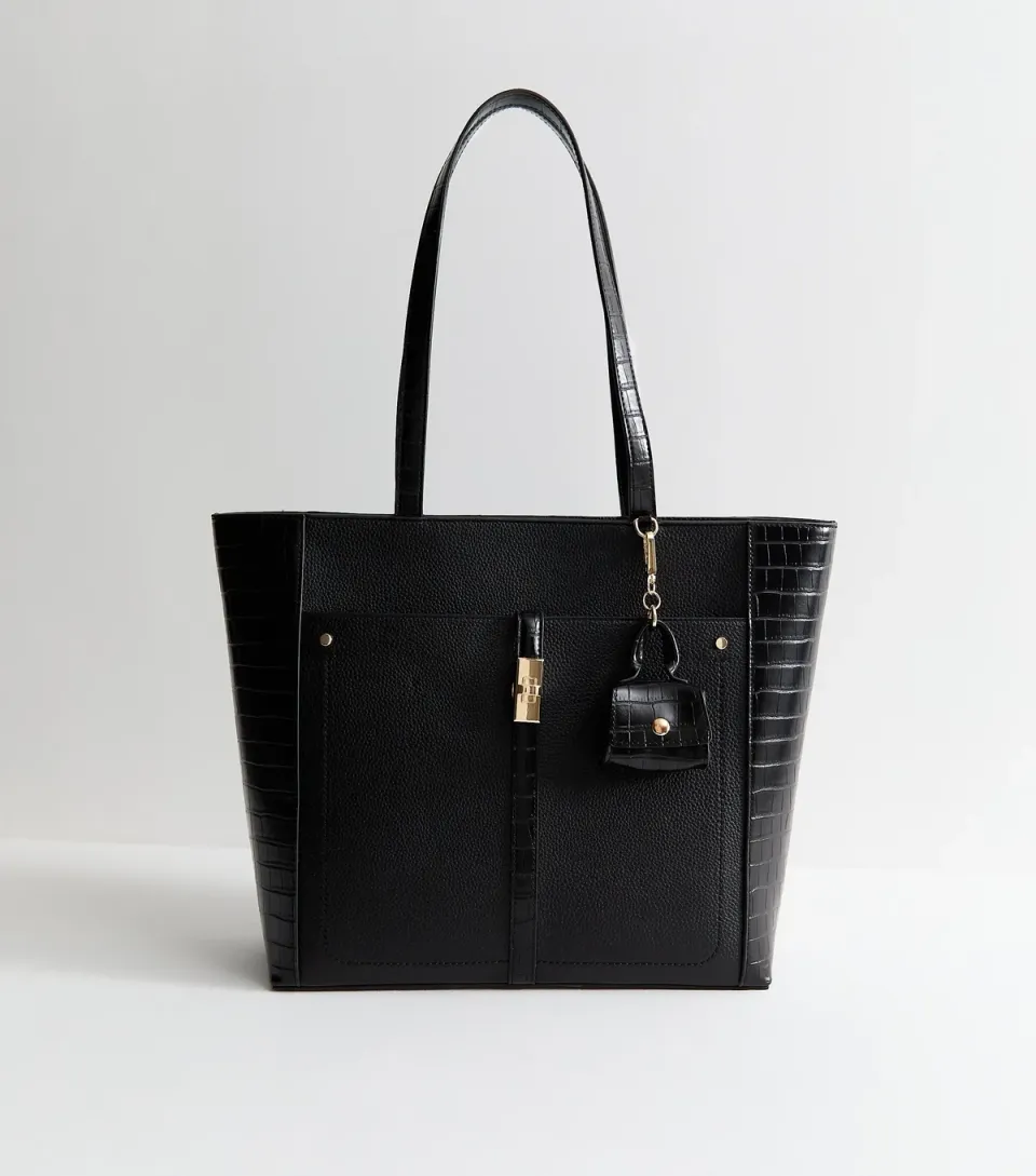 Black Faux Leather Croc Embossed Tote Bag Vegan