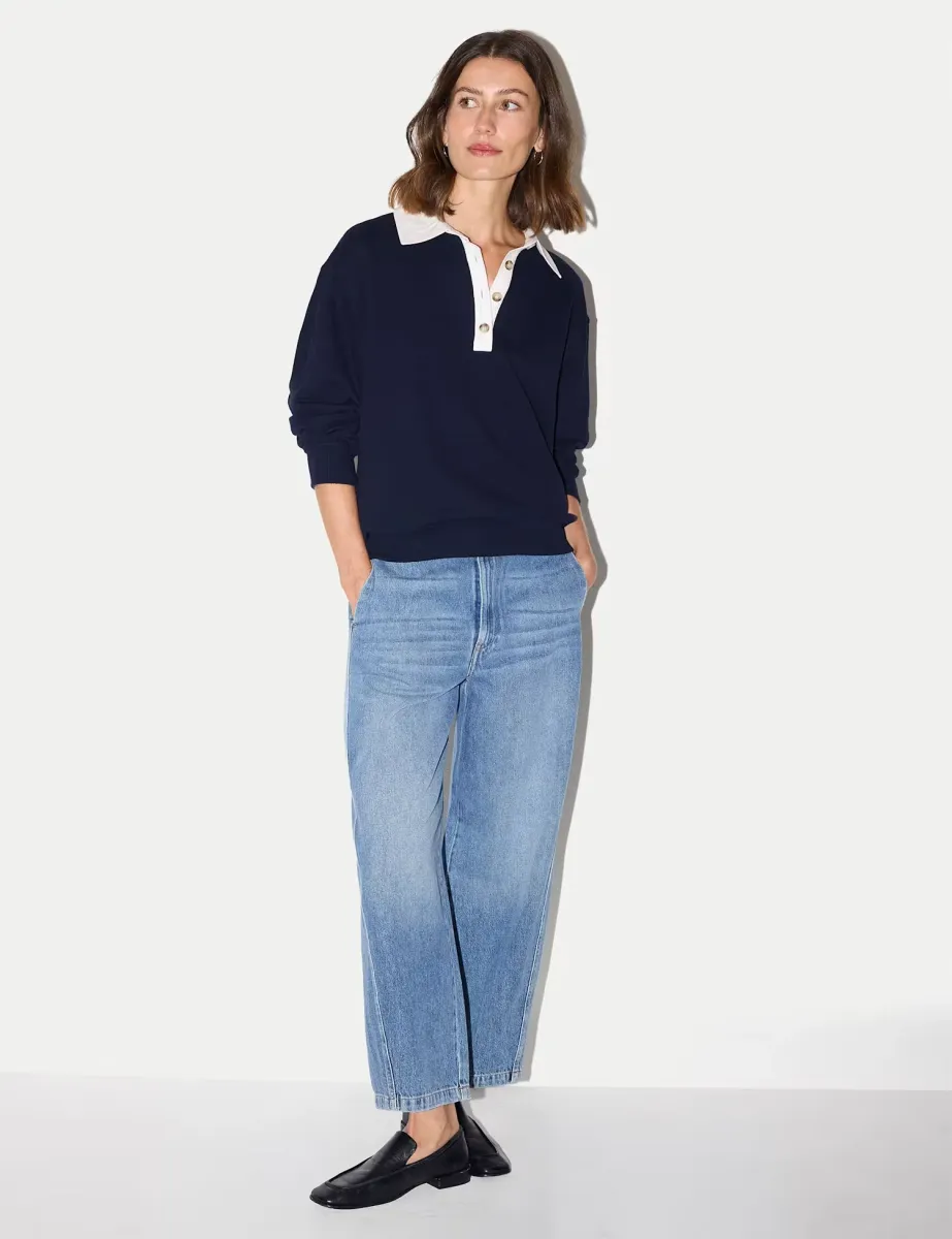 Pure Cotton Collared Relaxed Sweatshirt Navy