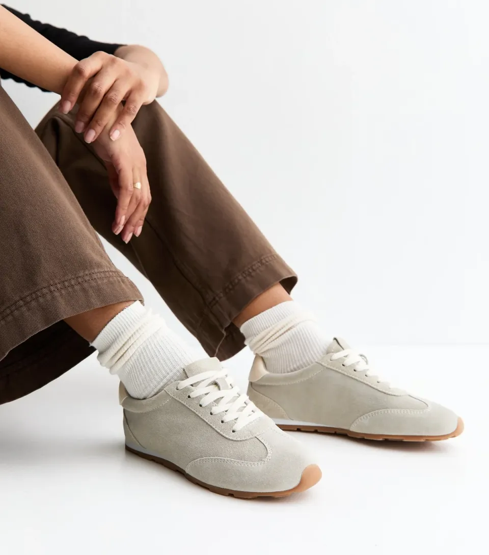 Women's Premium Real Leather Grey Suede Contrast Heel Lace Up Trainers