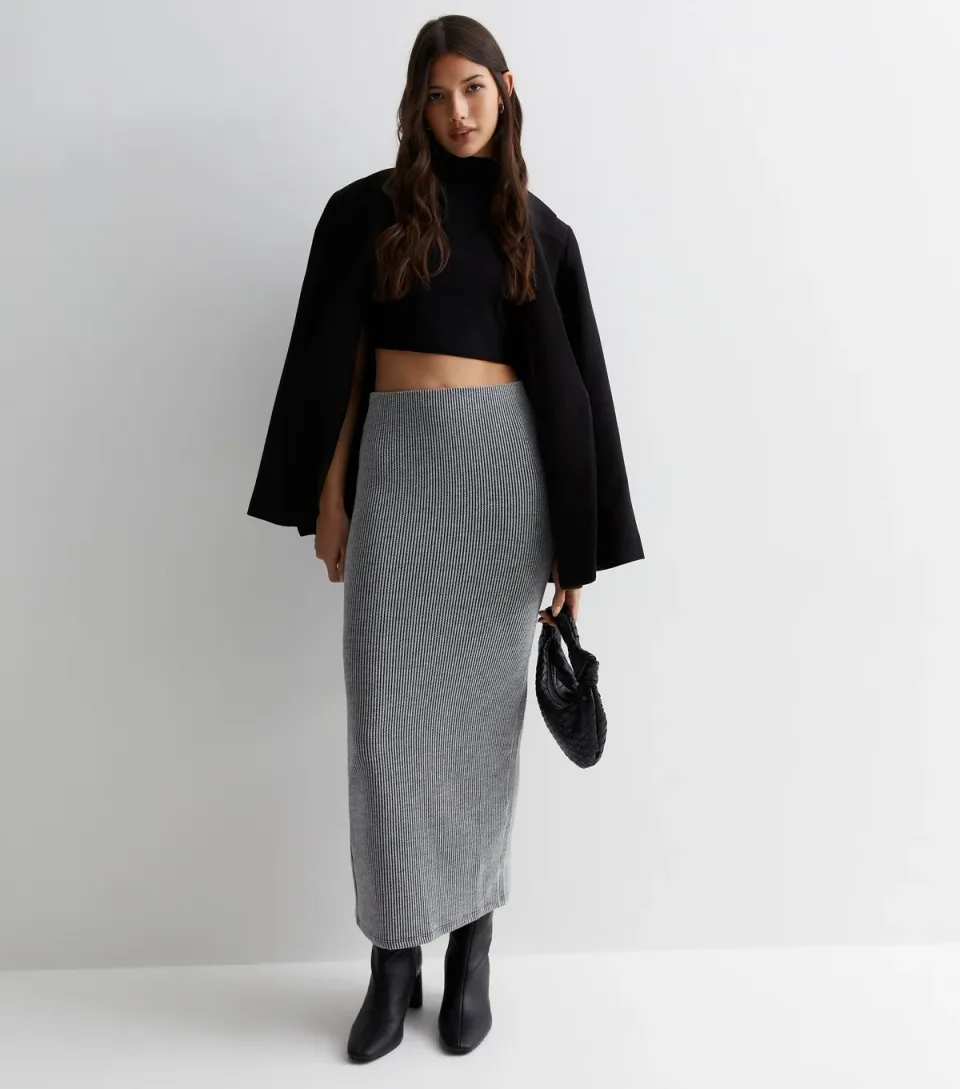 Women's Grey Ribbed Jersey Midi Skirt
