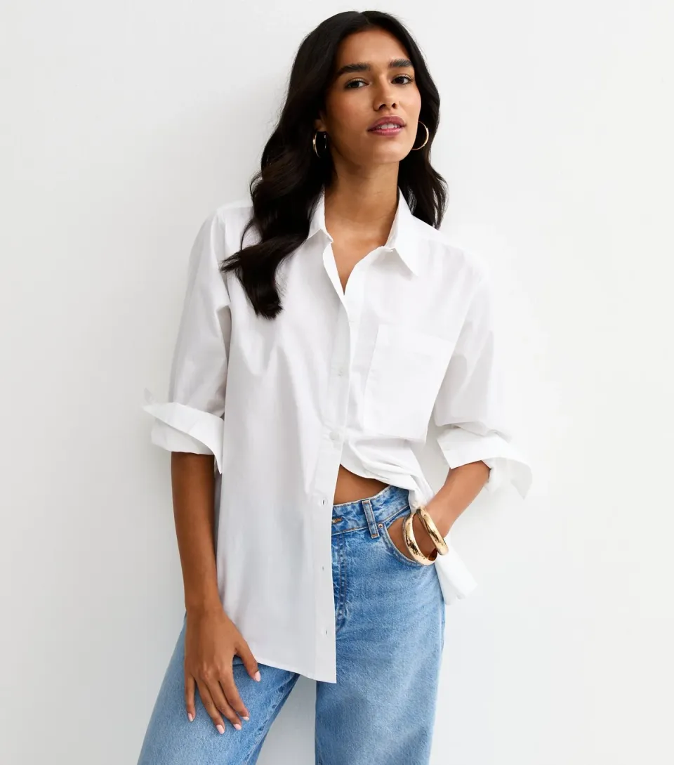 Women's White Poplin Curved Hem Shirt