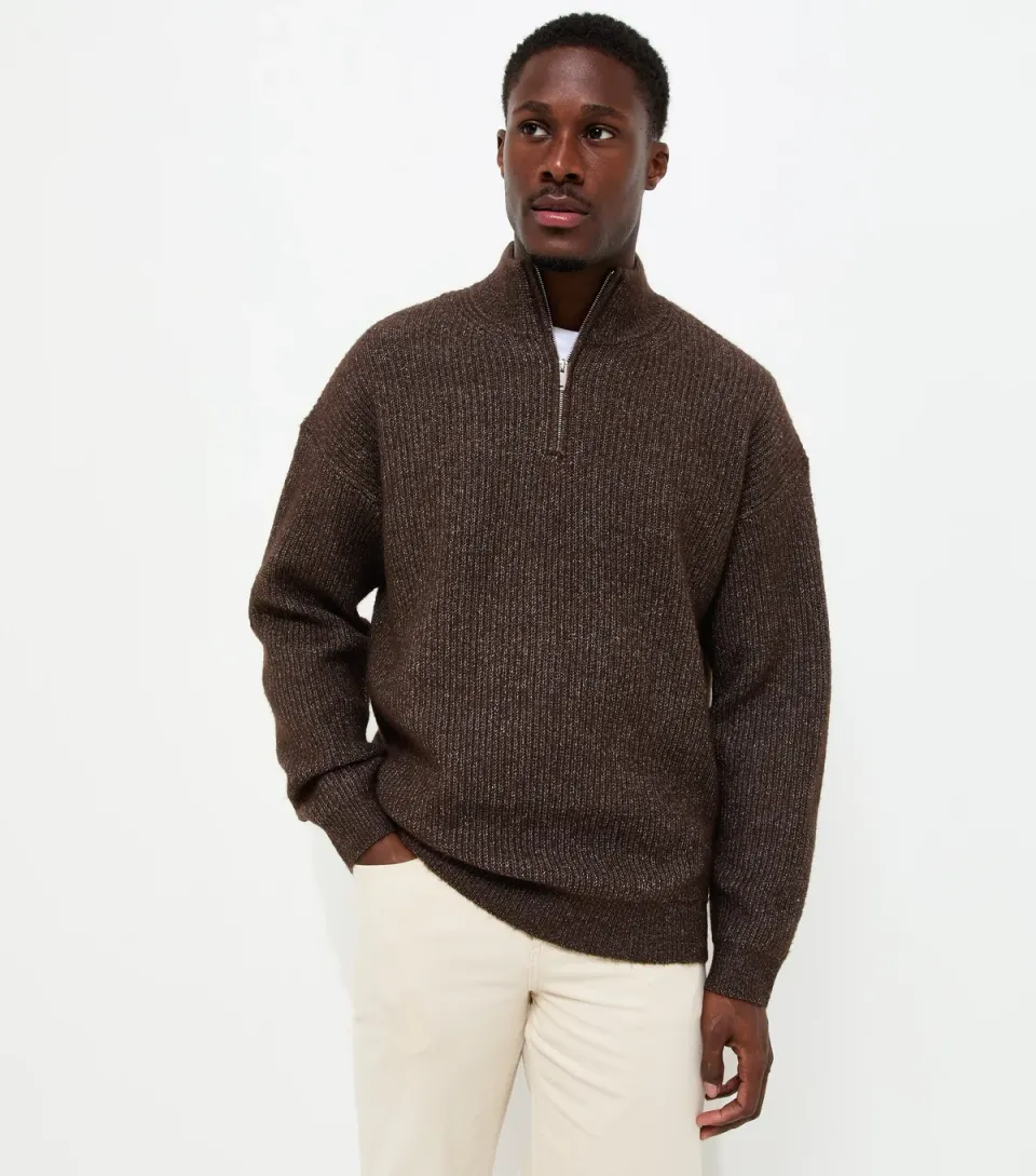 Men's Dark Brown Regular Fit Ribbed Knit Quarter Zip Funnel Neck Jumper