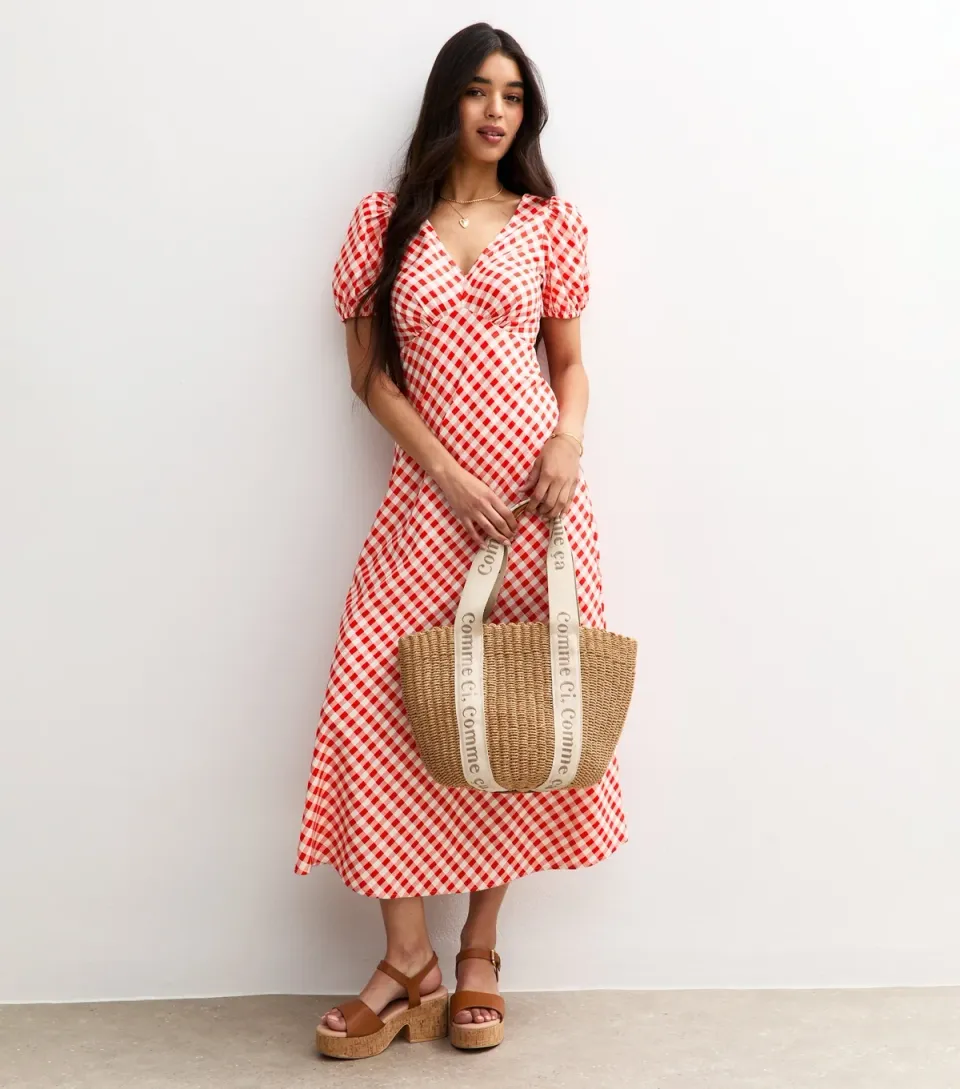 Women's Red Gingham V Neck Midi Dress