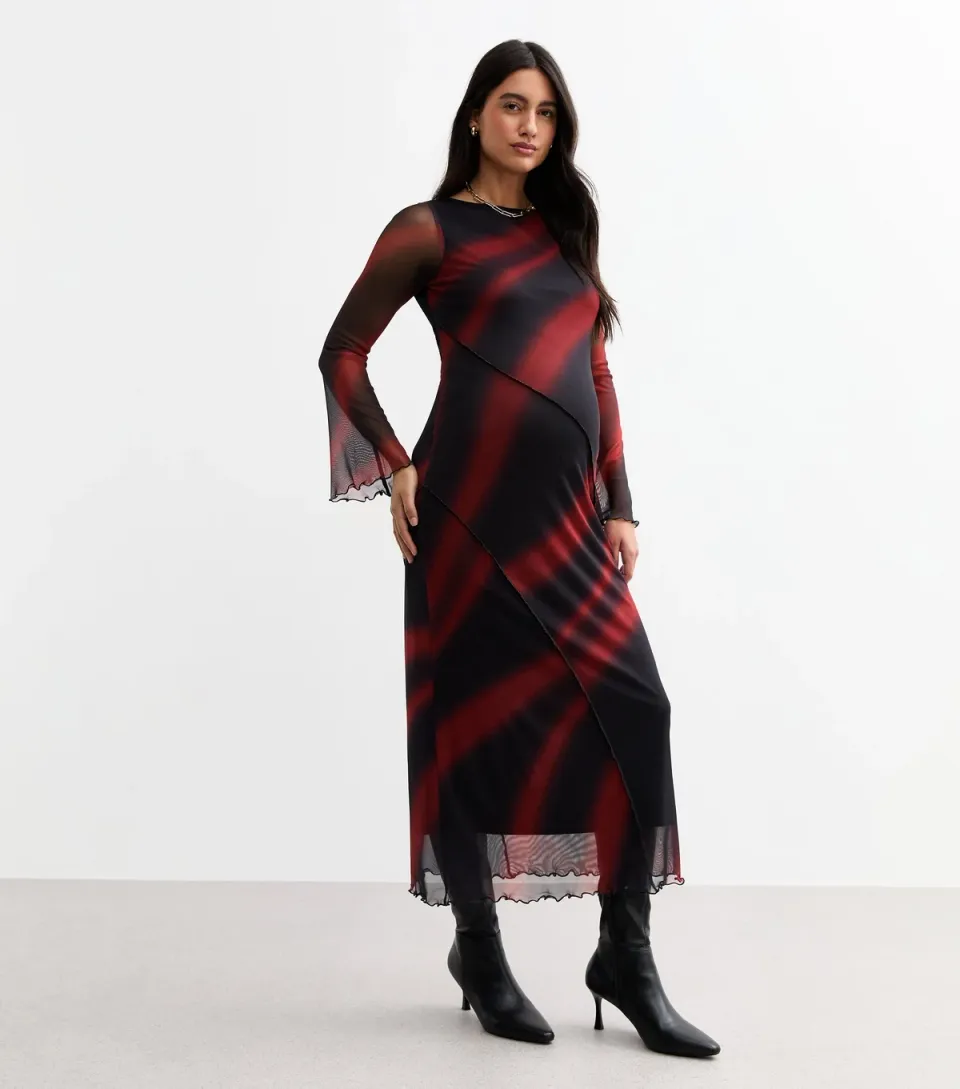 Women's Maternity Burgundy Wave Print Mesh Midi Dress