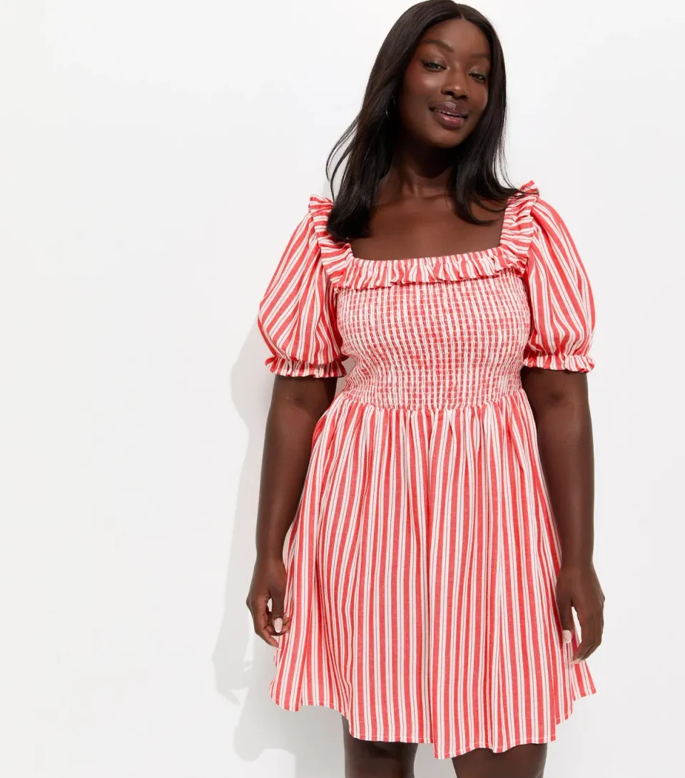 Women's Plus Size Red Cotton Rich Striped Shirred Mini Dress Curves