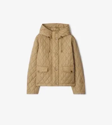 Cropped Quilted Nylon Hooded Jacket in Flax beige
