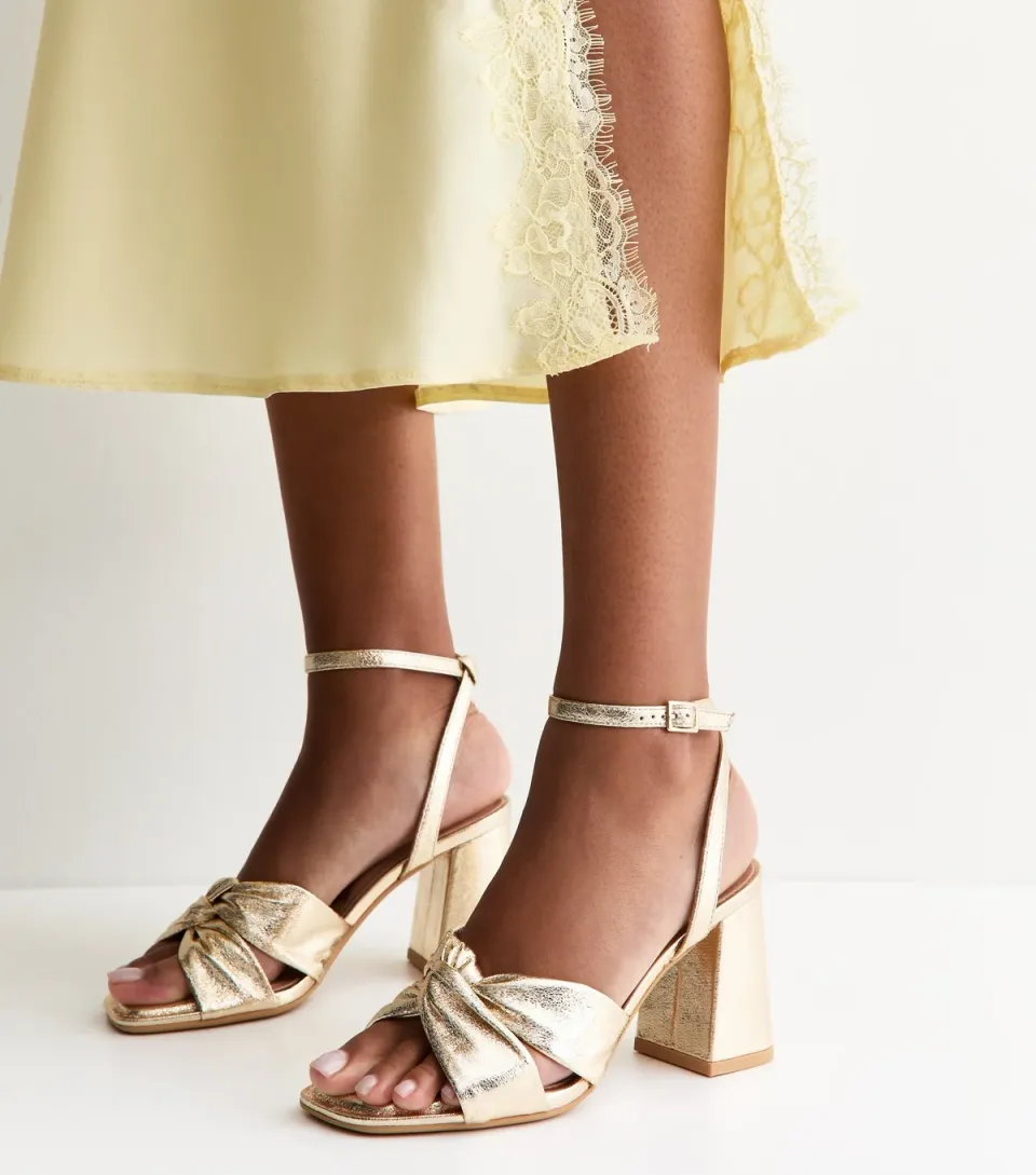Women's Gold Faux Leather Twisted Strap Block Heel Sandals Vegan