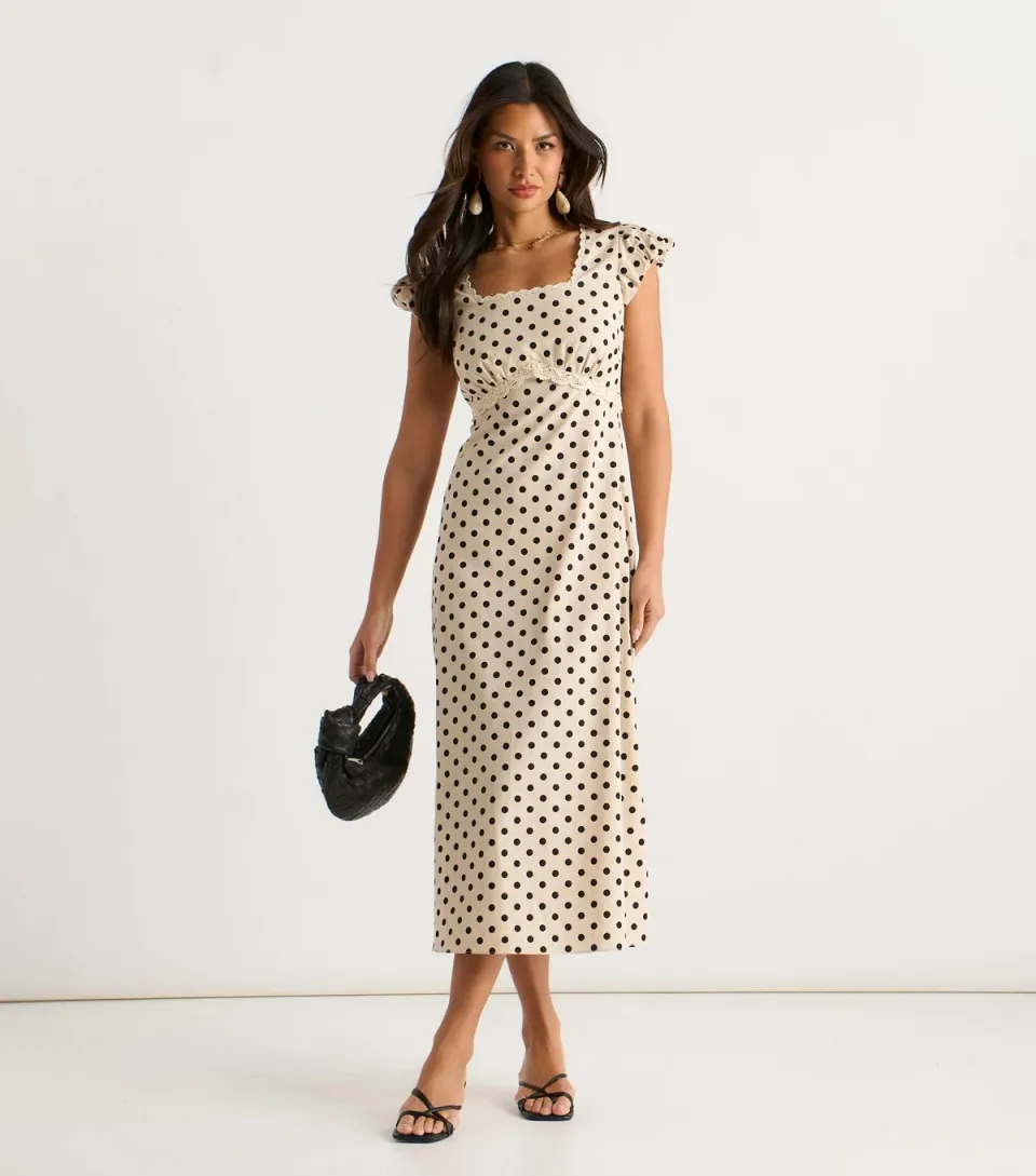 Women's Polka Dot Print Lace Trim Midi Dress
