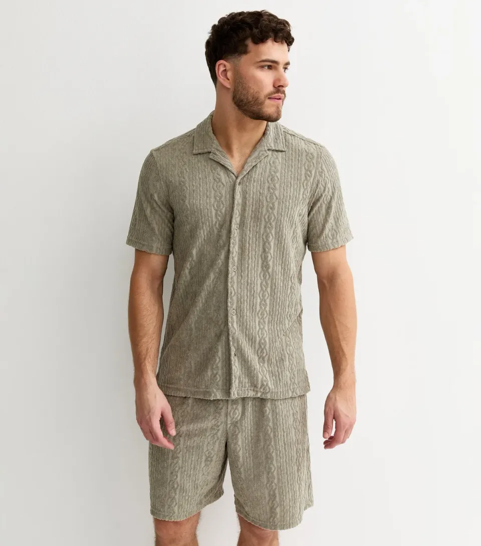 Men's Light Khaki Regular Patterned Terry Towelling Shirt
