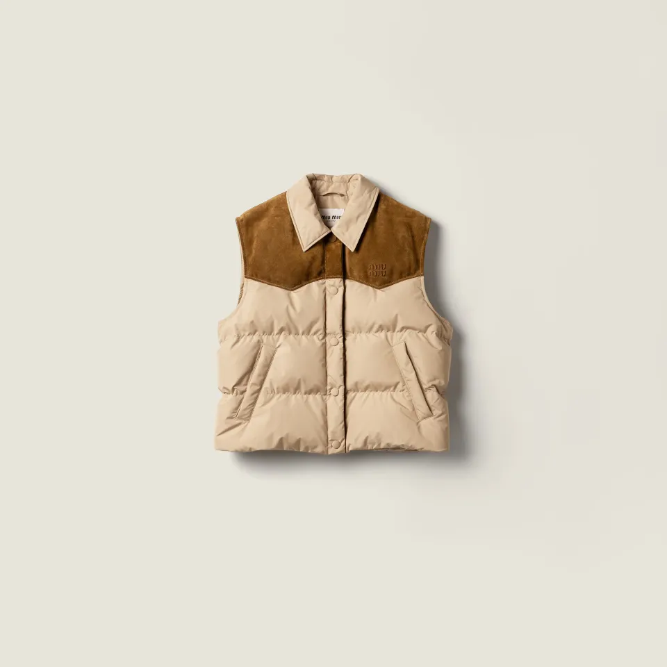 Technical pongé and leather down vest