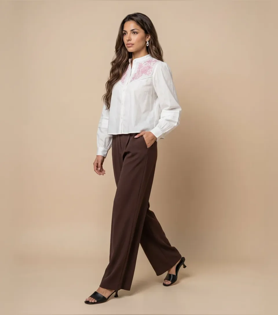 Women's Light Pink Cream Floral Embroidered Shirt