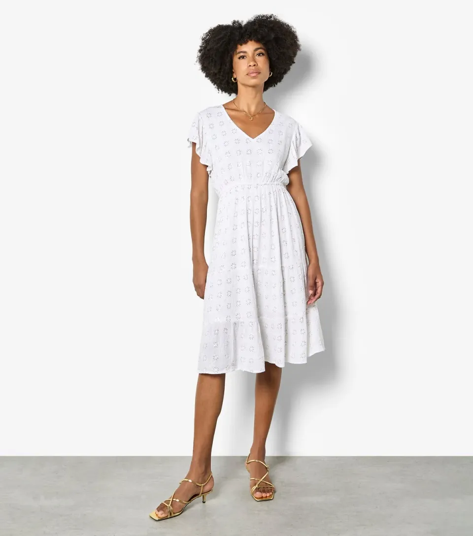 Women's White Sequin Embroidered Floral Dress
