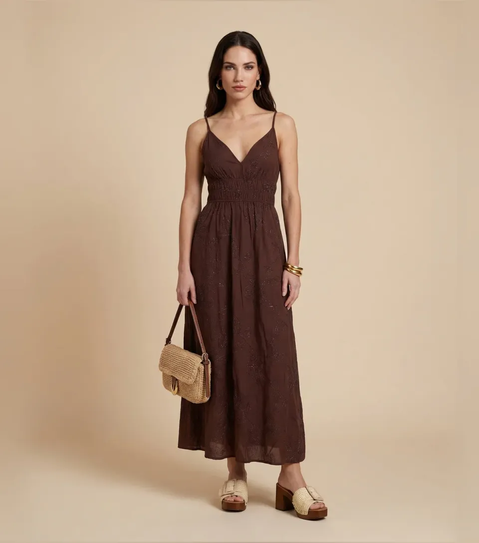 Women's Brown Metallic Embroidered Maxi Dress