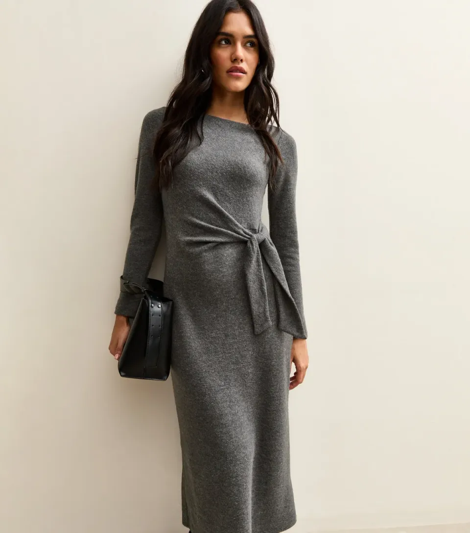 Women's Grey Tie Belt Midi Dress