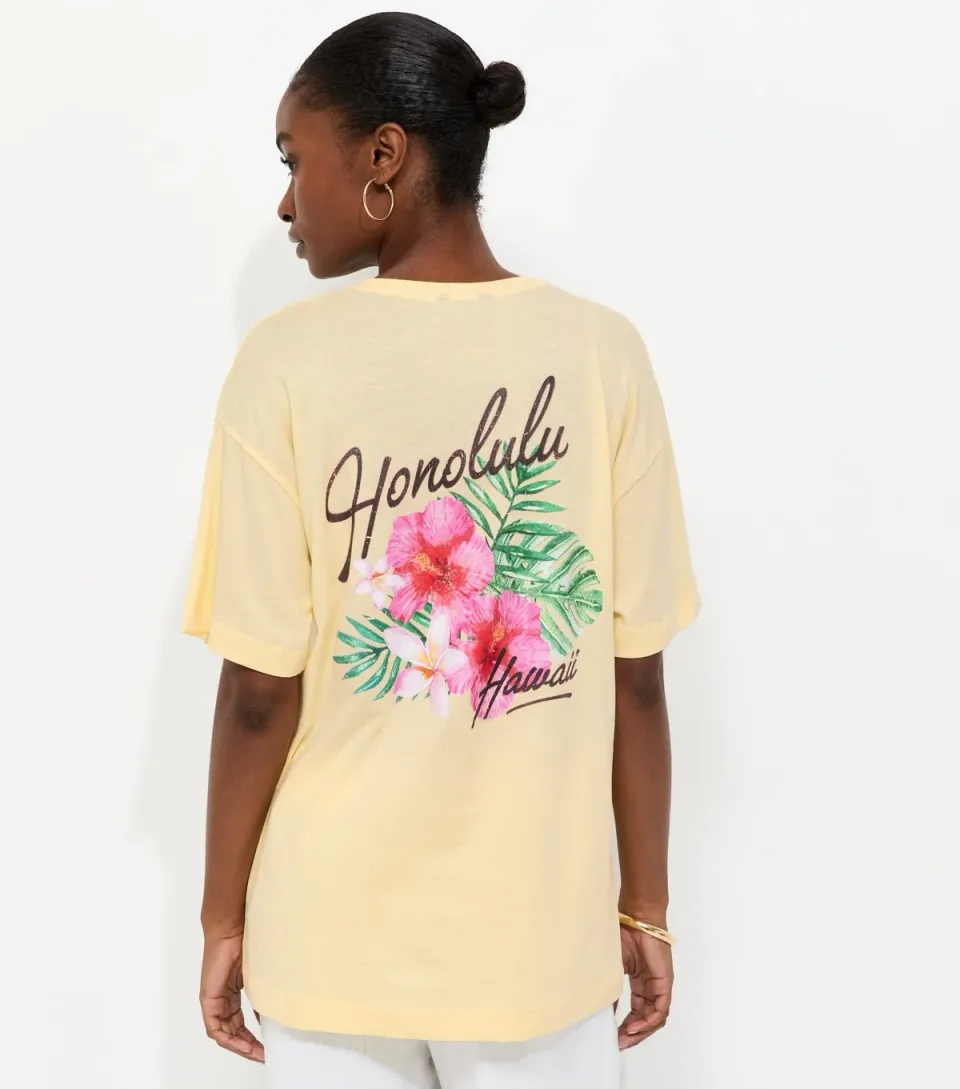 Women's Light Yellow Cotton Honolulu Print Oversized T-Shirt