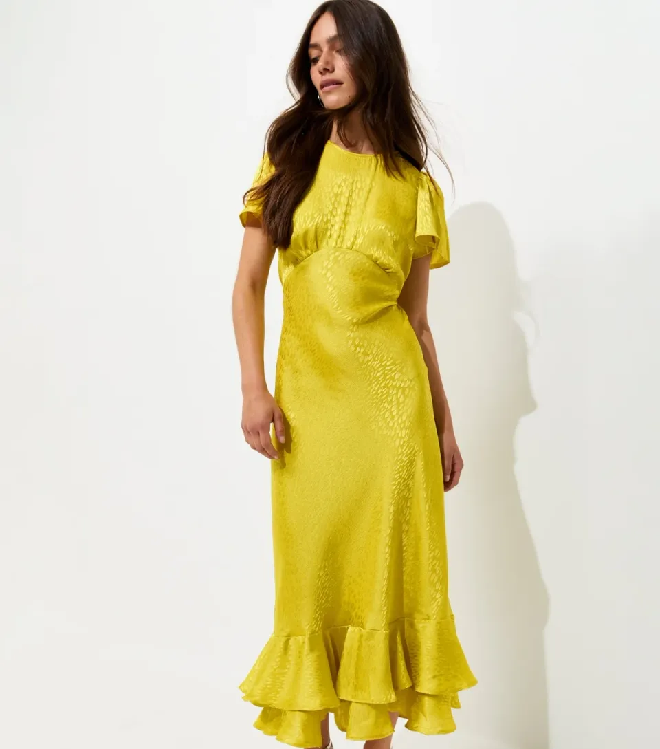 Women's Petite Light Green Feather Jacquard Satin Midi Dress