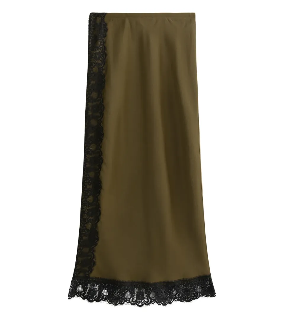 Women's Light Khaki Satin Lace Trim Midi Skirt