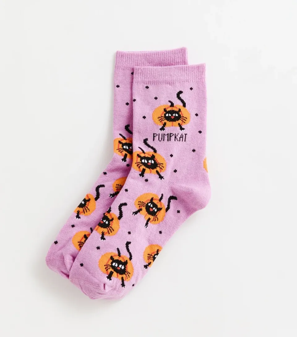 Purple Pumkat Halloween Ankle Socks