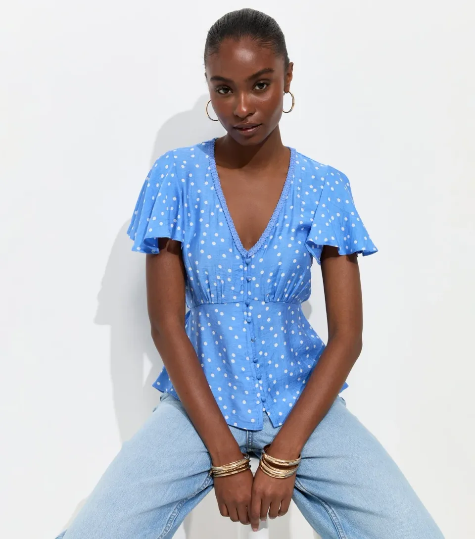 Women's Blue Crinkle Texture Spot Print V-Neck Tea Blouse
