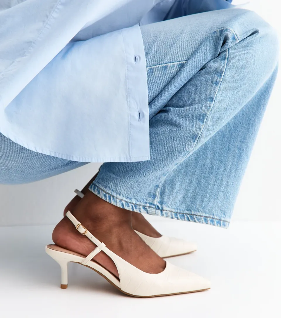 Women's White Faux Leather Croc Embossed Slingback Court Shoes Vegan