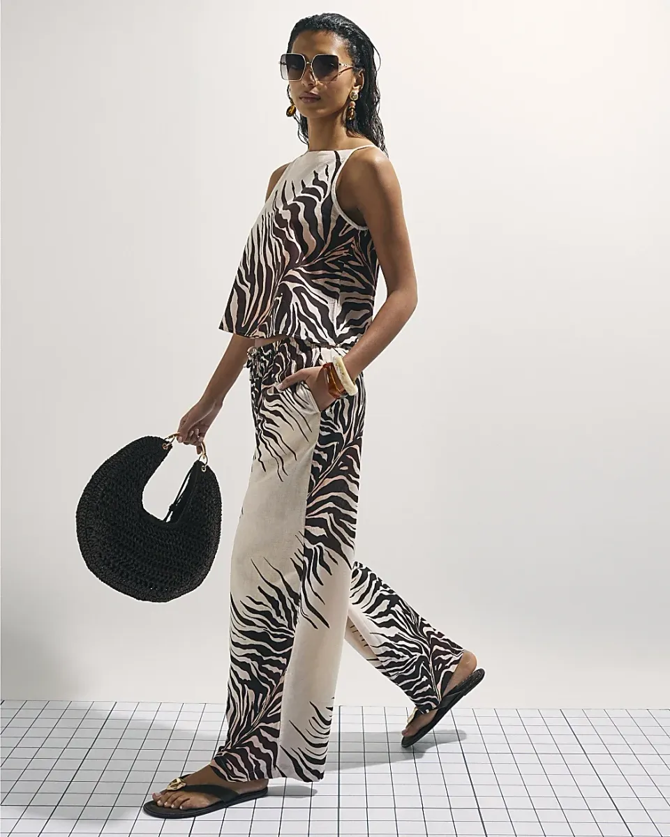 Animal Print Linen Blend Trousers