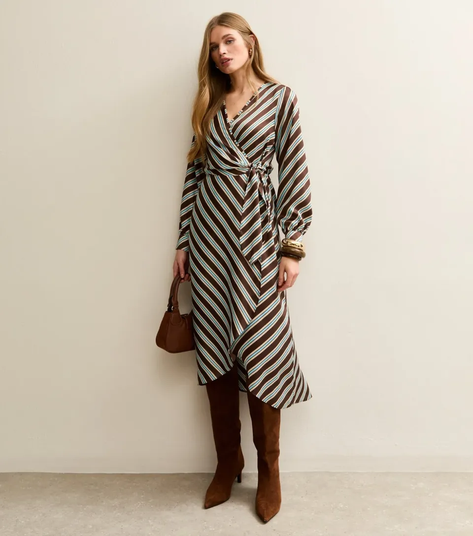 Women's Brown Satin Striped Wrap Midi Dress