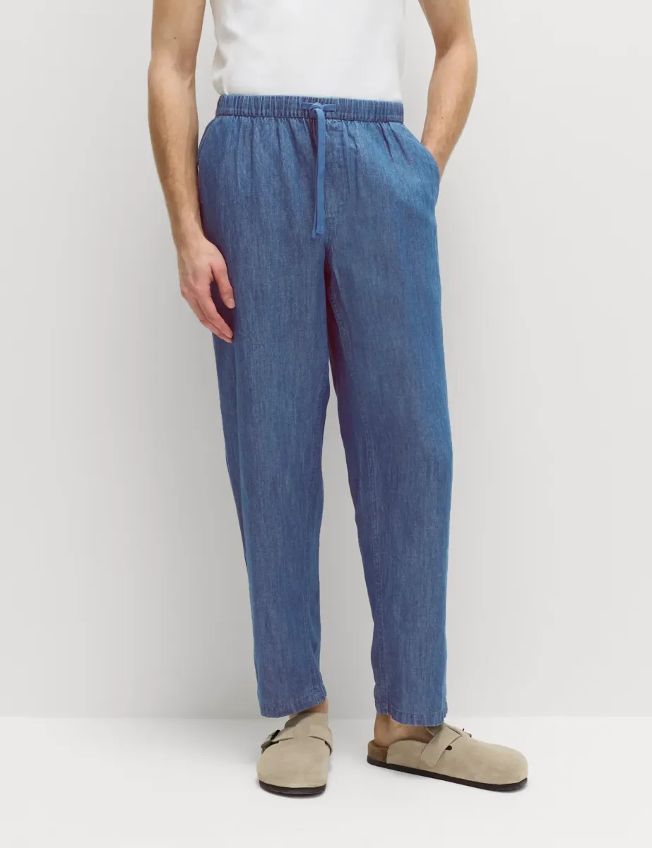 Loose Fit Linen Blend Elasticated Waist Trousers Denim