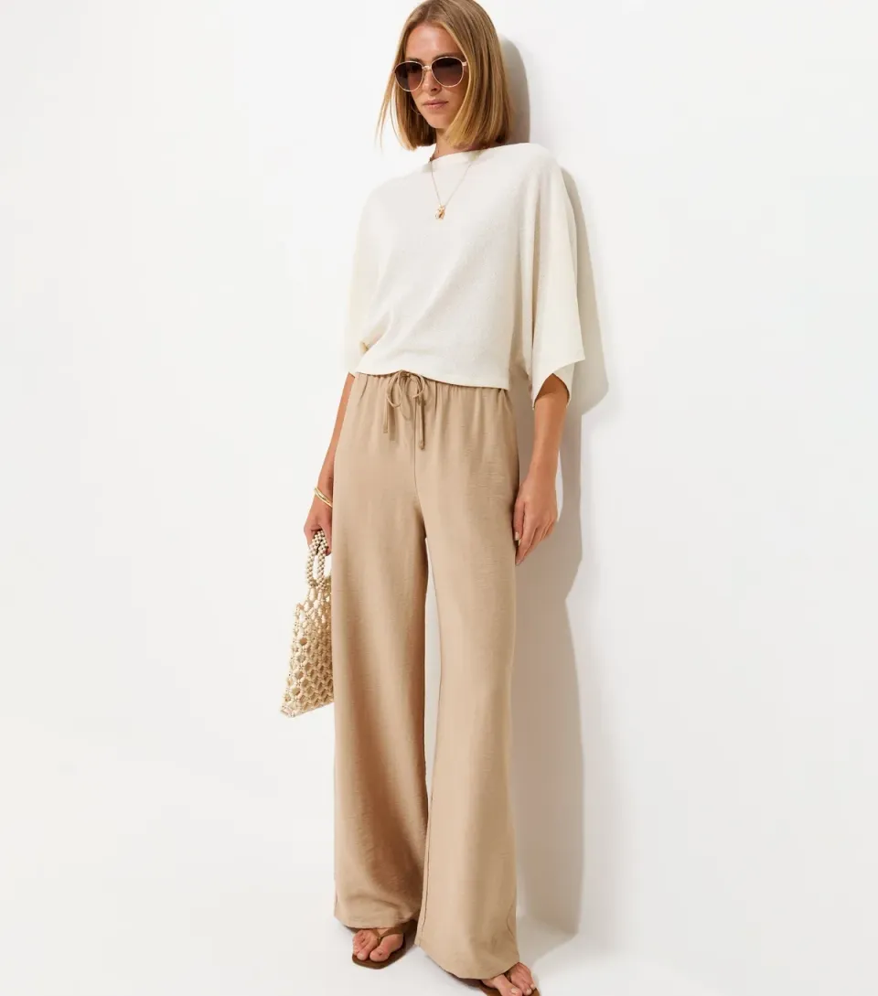 Women's Stone Woven Drawstring Wide Leg Trousers
