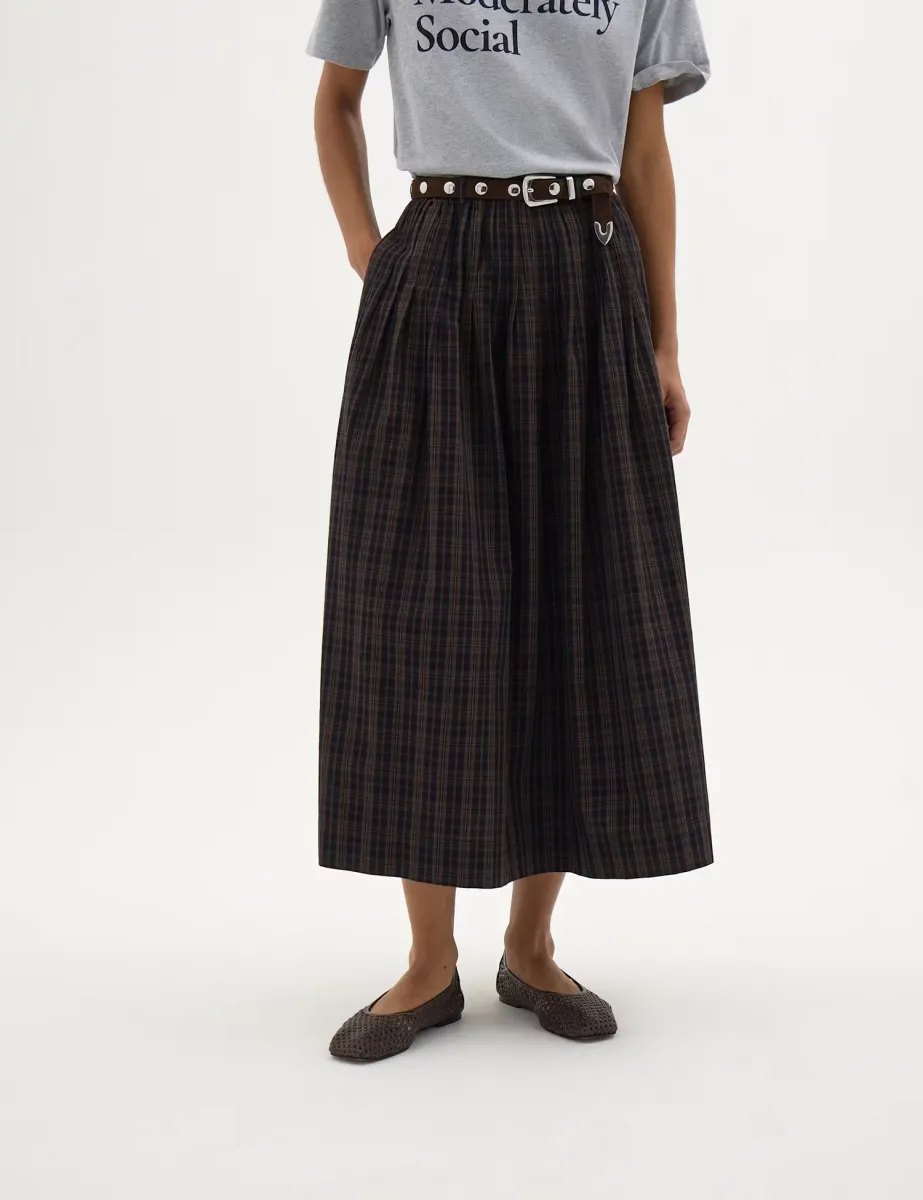 Pure Cotton Checked Midi A-Line Skirt Brown Mix