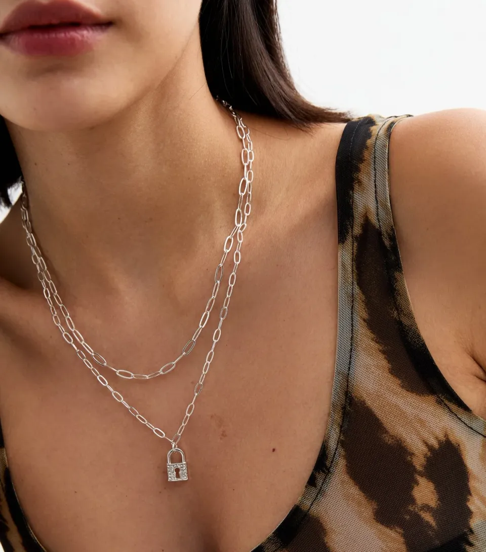 Silver Tone Double Chain Padlock Charm Necklace