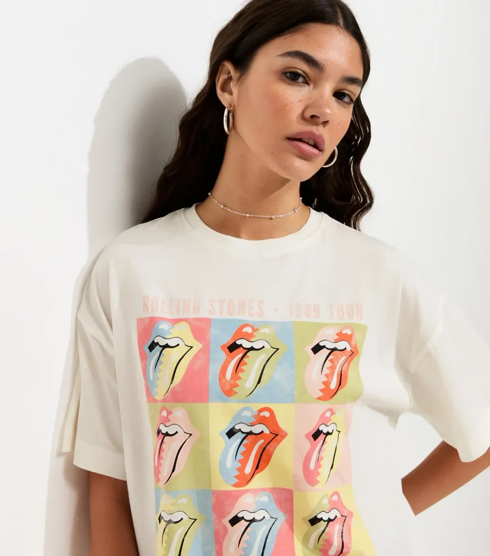 Women's White Rolling Stones Print Oversized T-Shirt