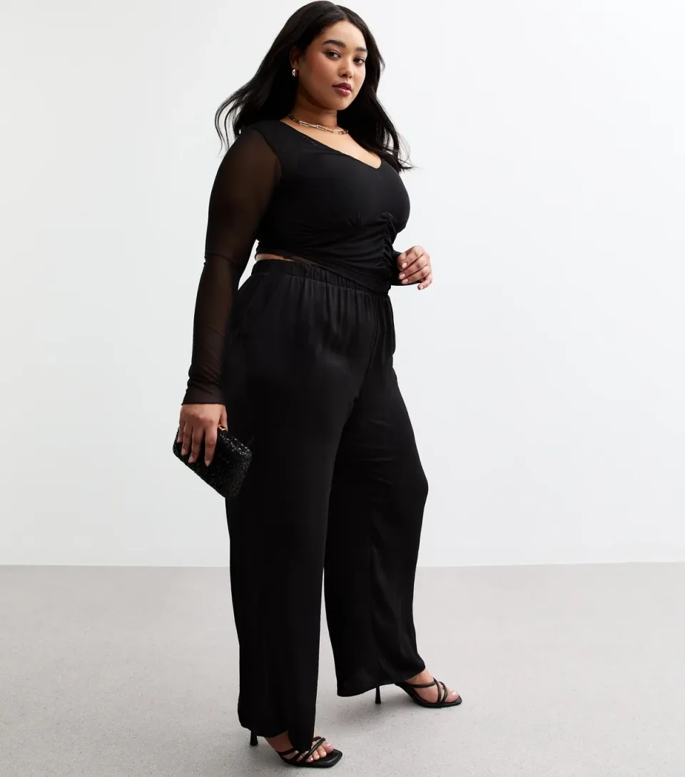 Women's Plus Size Black Satin Wide Leg Trousers Curves