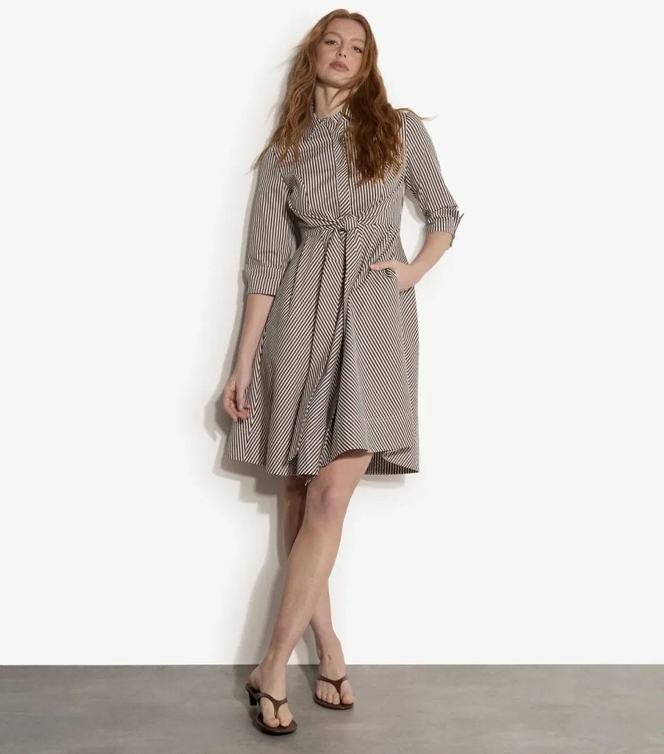 Women's Brown Striped Tie Front Mini Shirt Dress