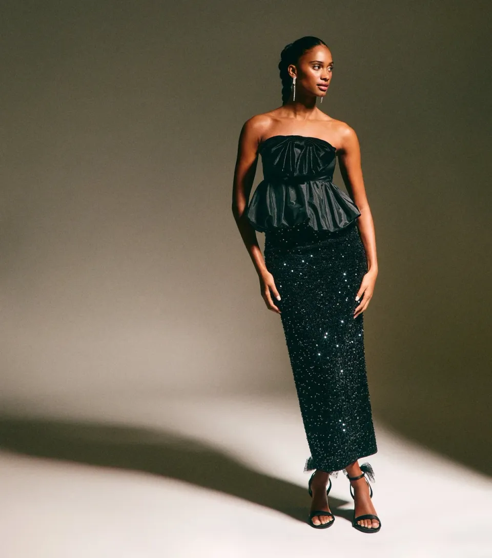 Women's Black Velvet Sequin Embellished Midi Skirt