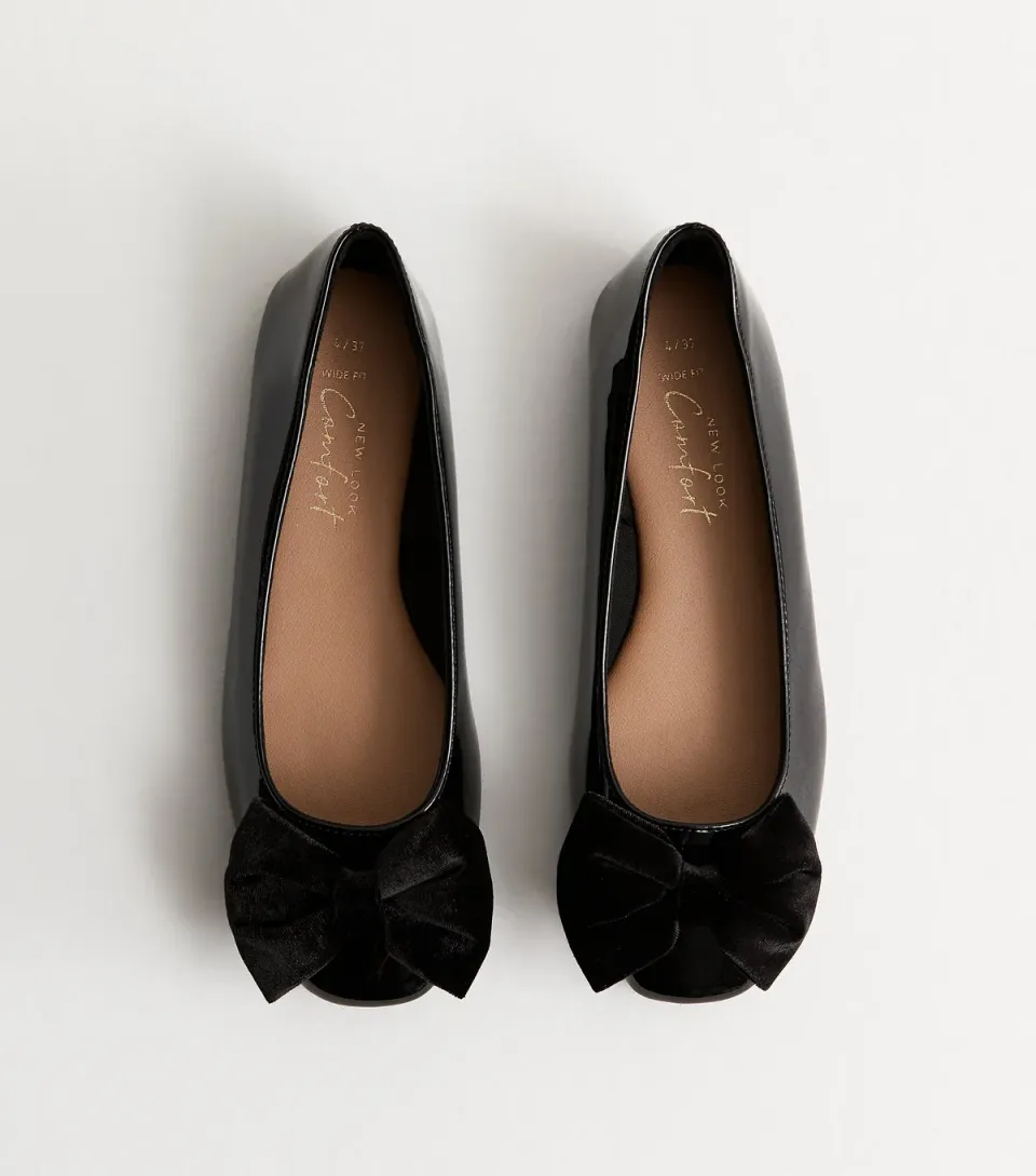 Women's Wide Fit Black Bow Ballerina Flats