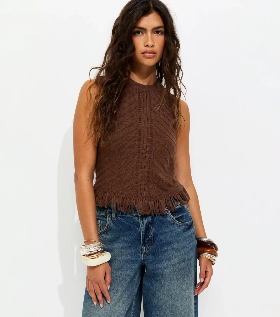 Women's Dark Brown Cotton Rich Tassel Hem Knitted Vest