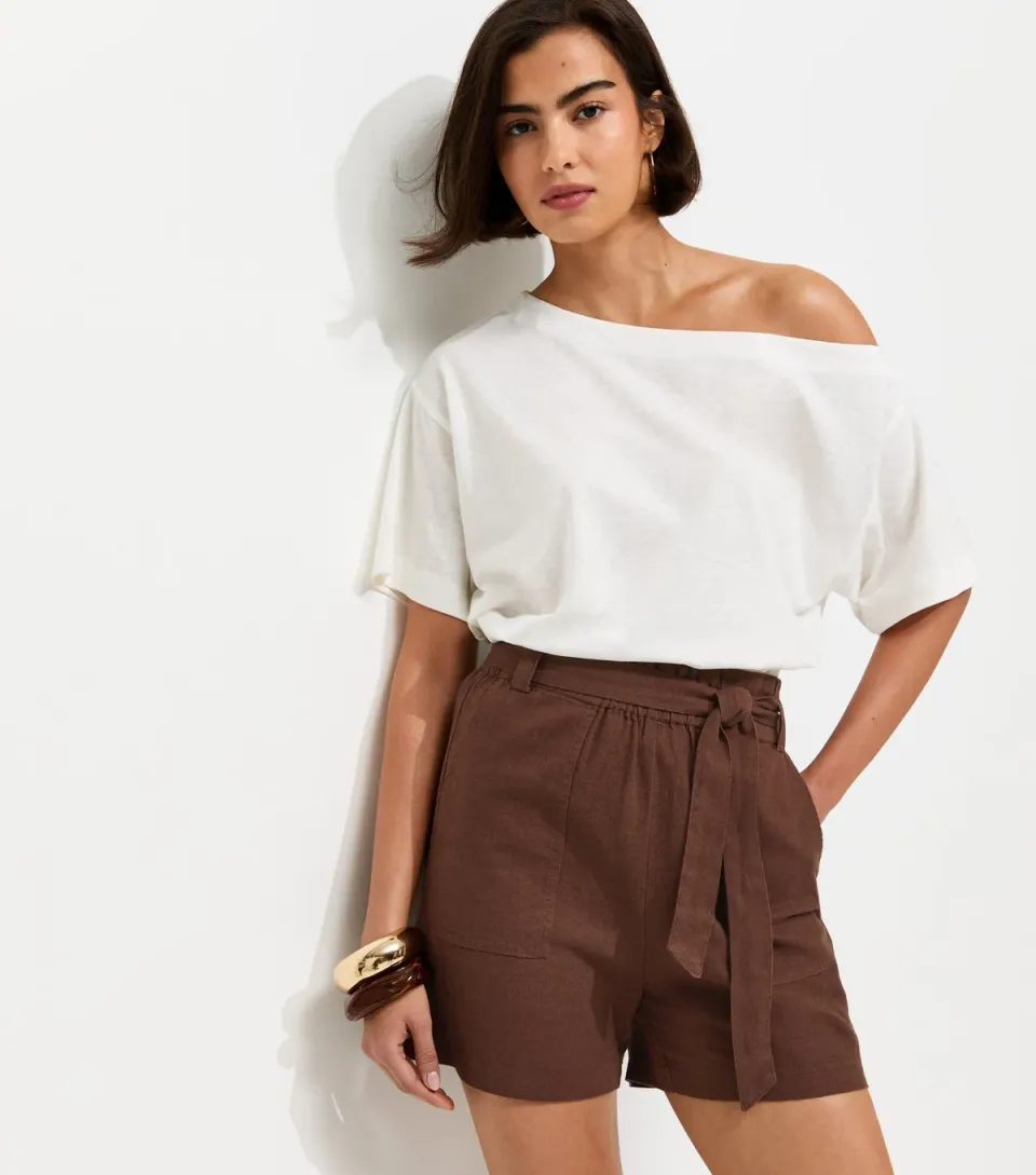 Women's Black Linen Blend Paperbag Shorts