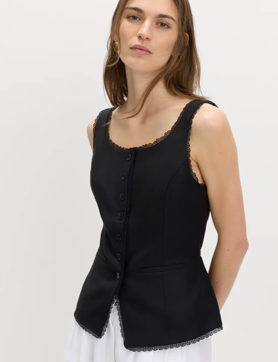 Lyocell Rich Lace Trim Waistcoat with Linen Black