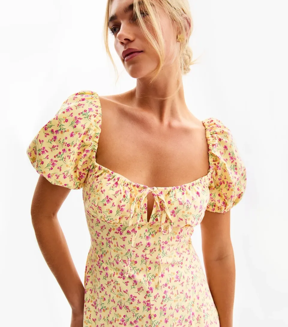 Women's Yellow Floral Print Puff Sleeve Midi Dress